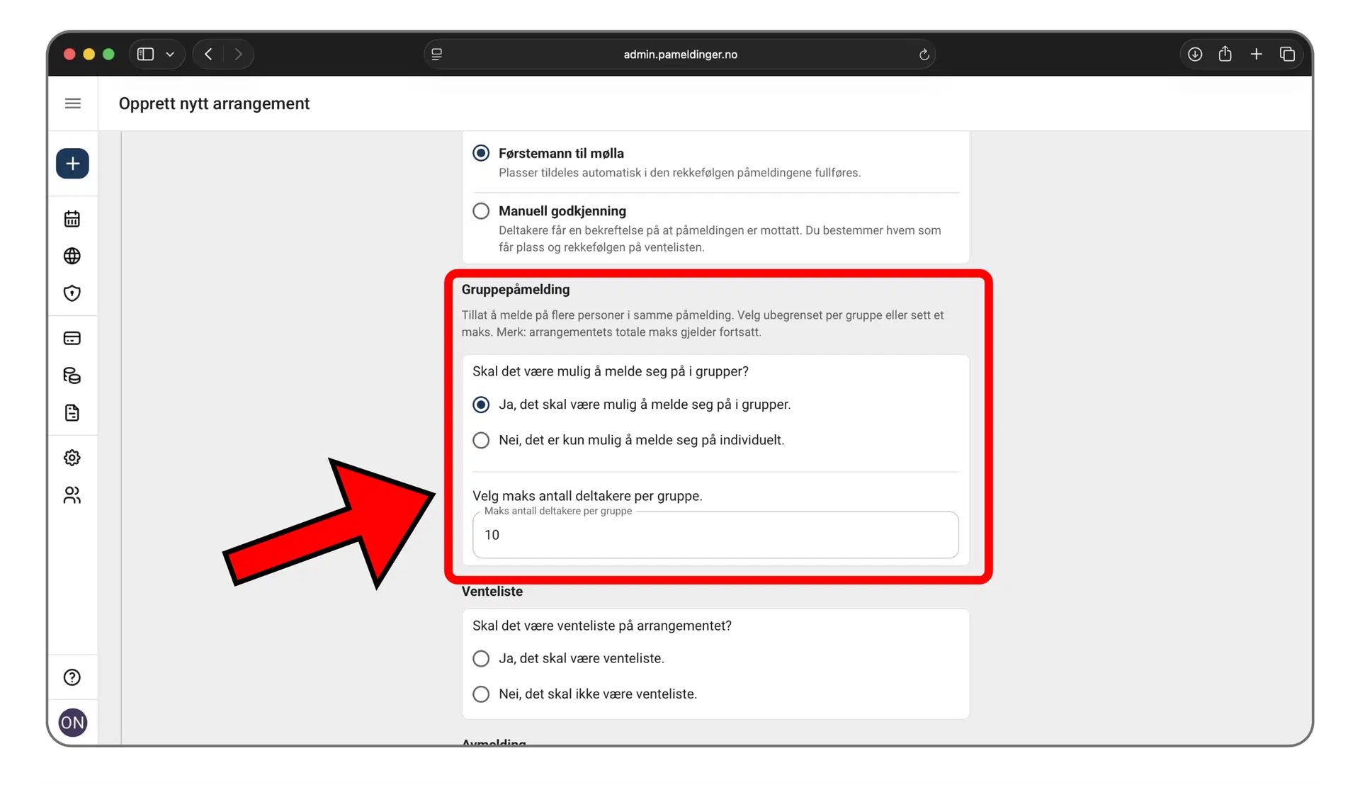 Aktivering av gruppepåmelding og valg av maks gruppestørrelse
