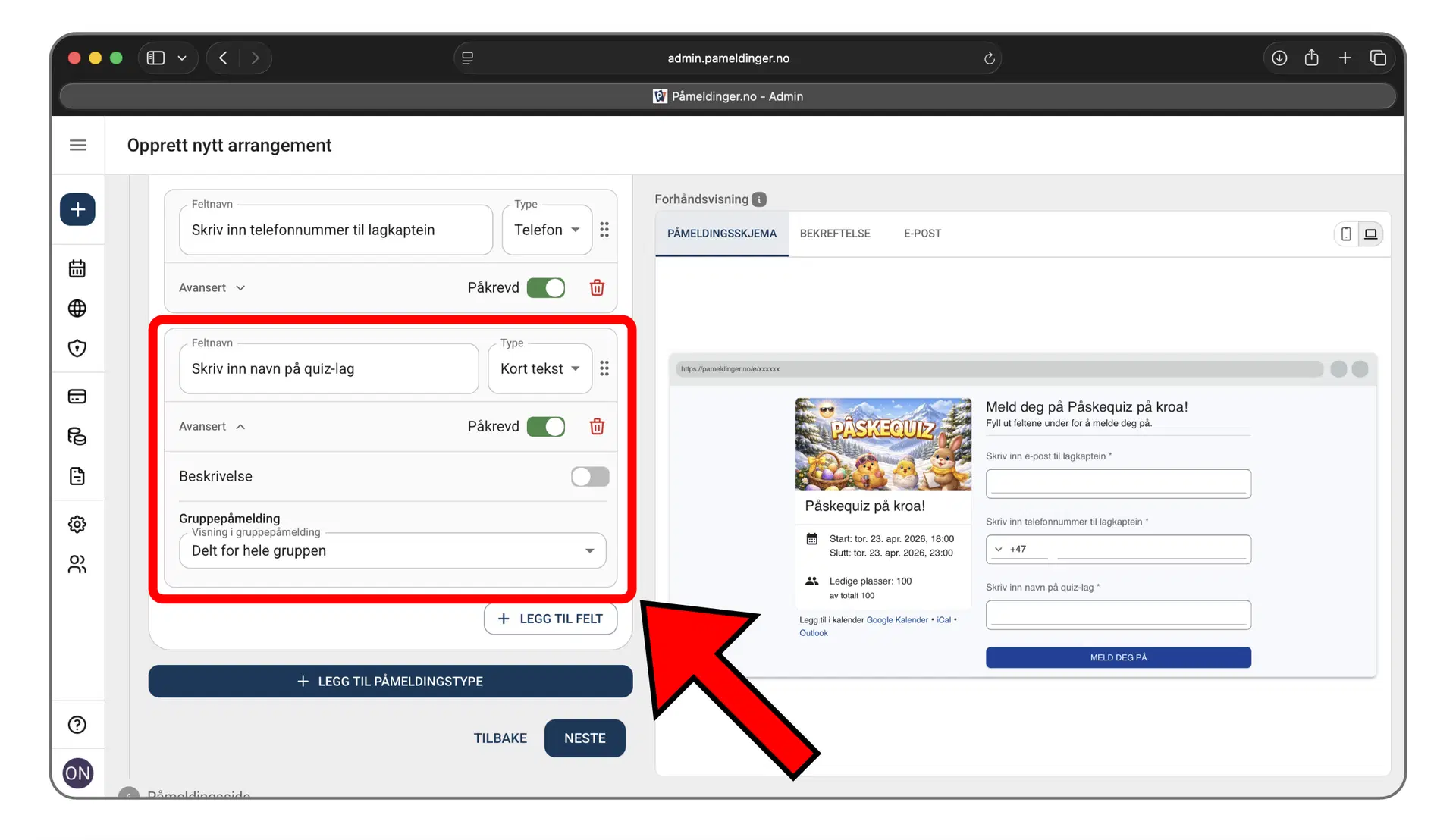 Opprett et delt felt for hele gruppen i gruppepåmelding