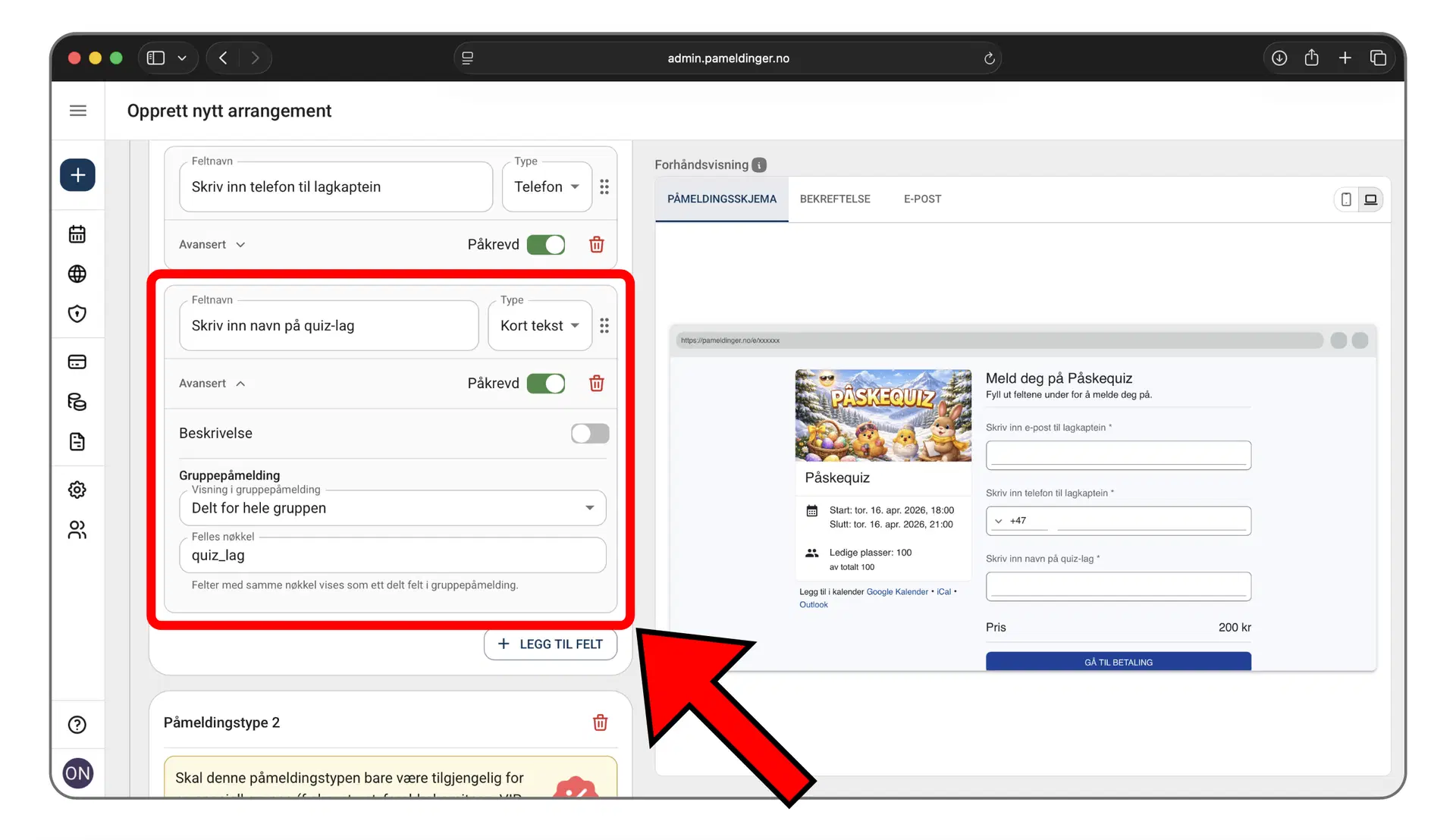 Opprett et delt felt for hele gruppen i gruppepåmelding