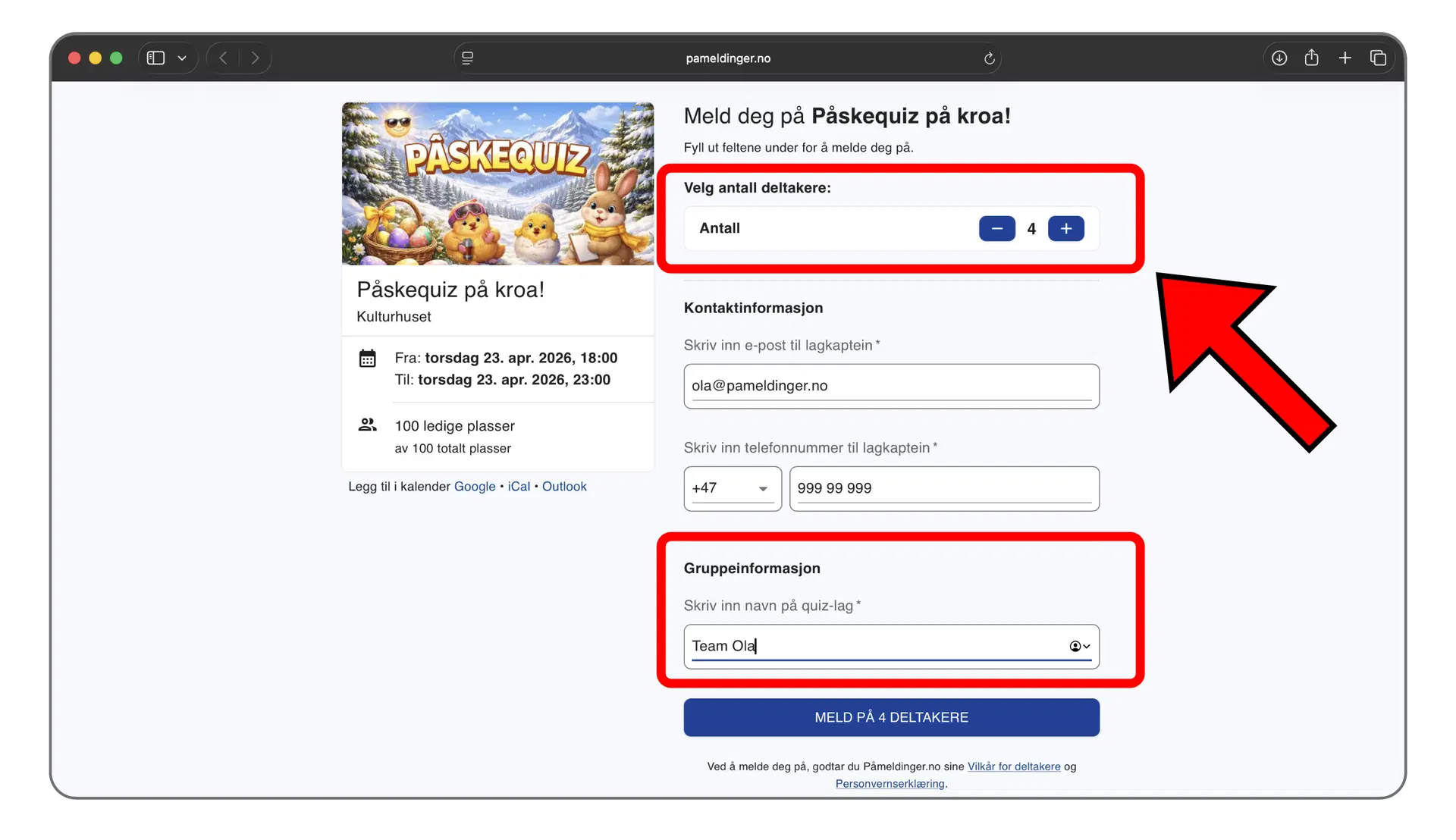 Gruppepåmelding med delt felter for hele gruppen