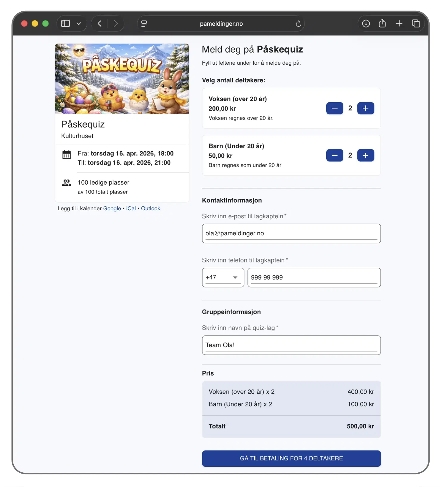 Valg mellom ulike påmeldingstyper i gruppepåmelding