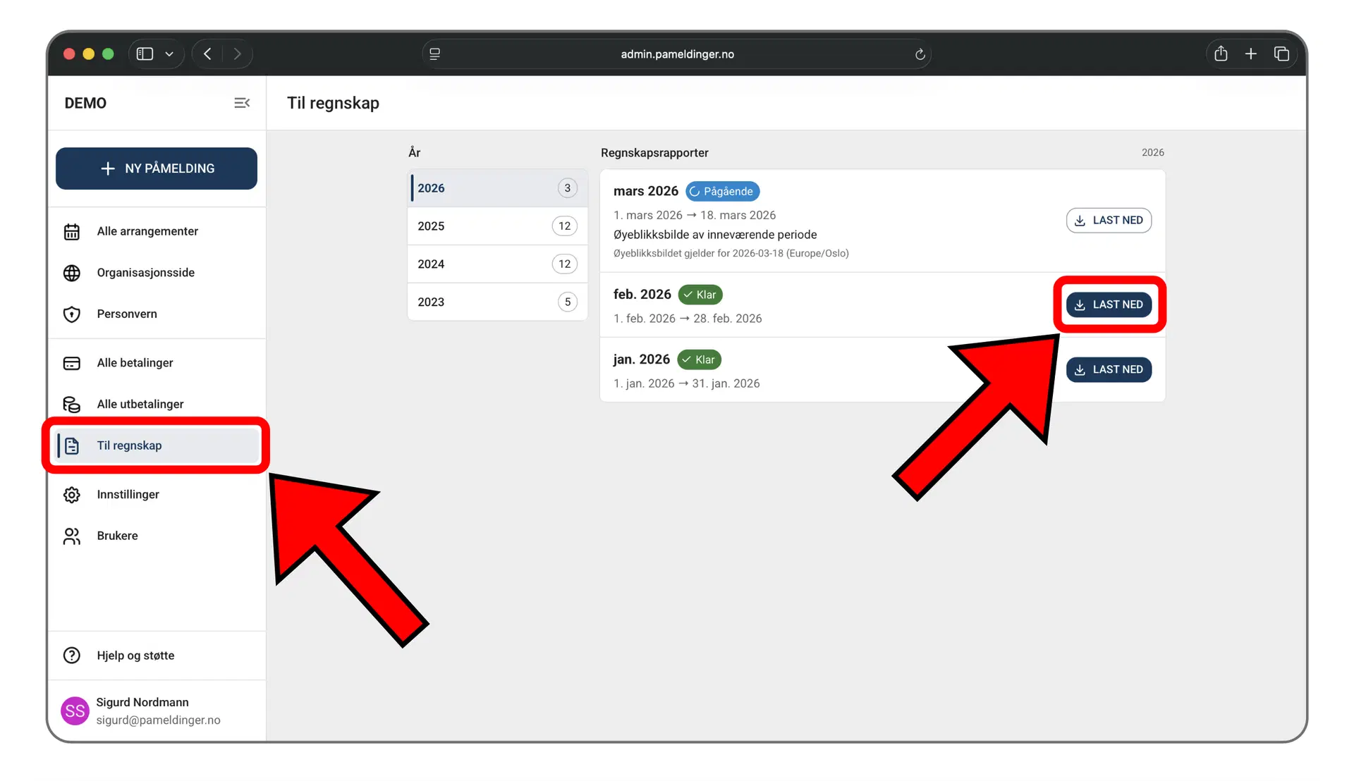 Oversikt over tilgjengelige månedsrapporter i administrasjonspanelet