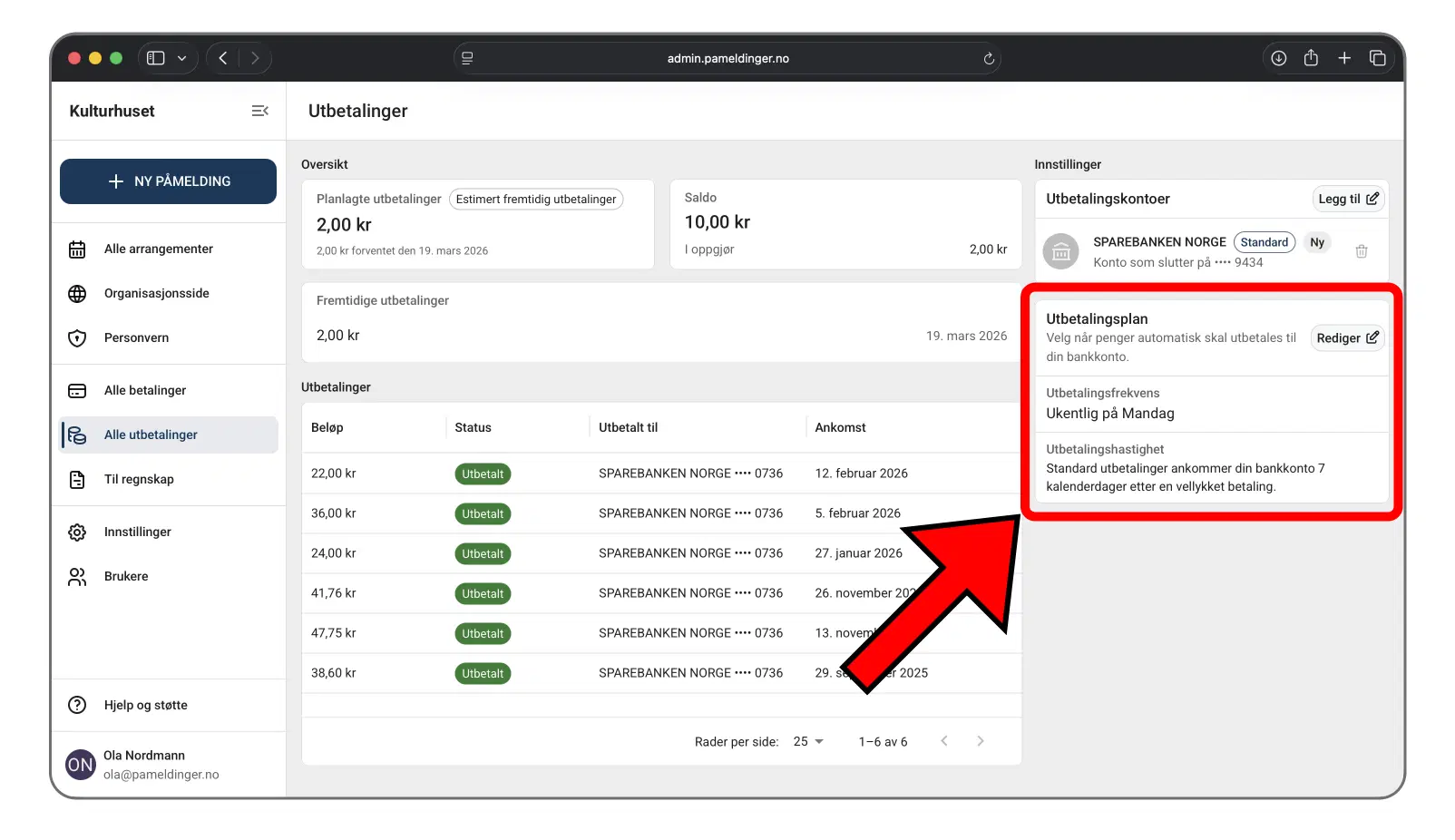 Utbetalingsplan i administrasjonspanelet