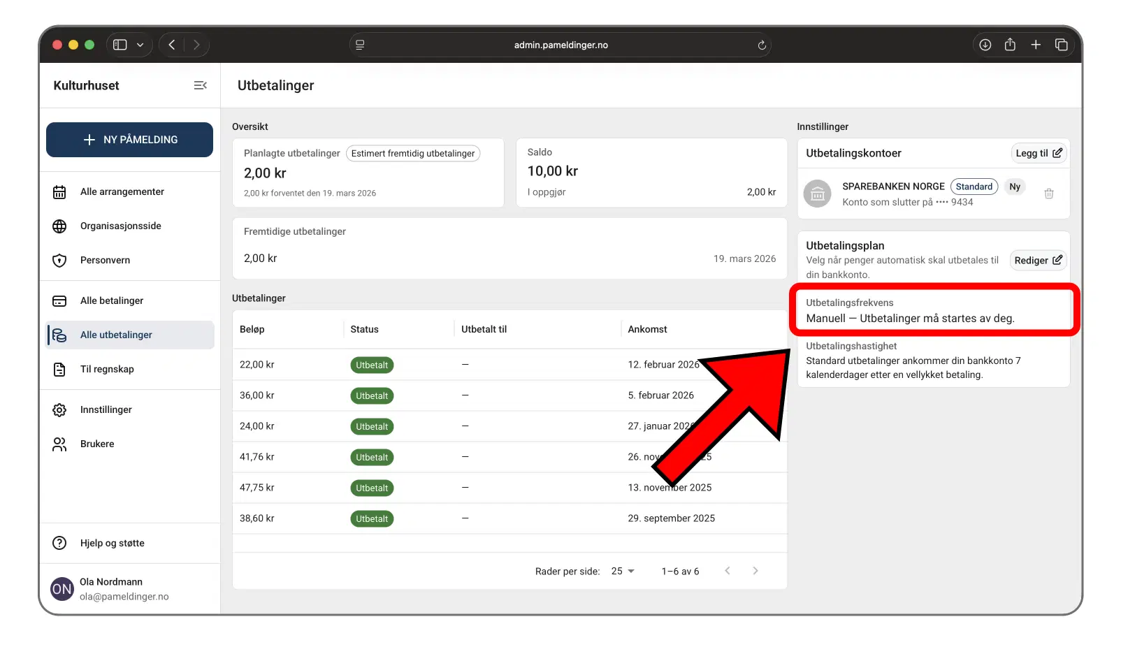 Oversikt over utbetalingsplan i administrasjonspanelet