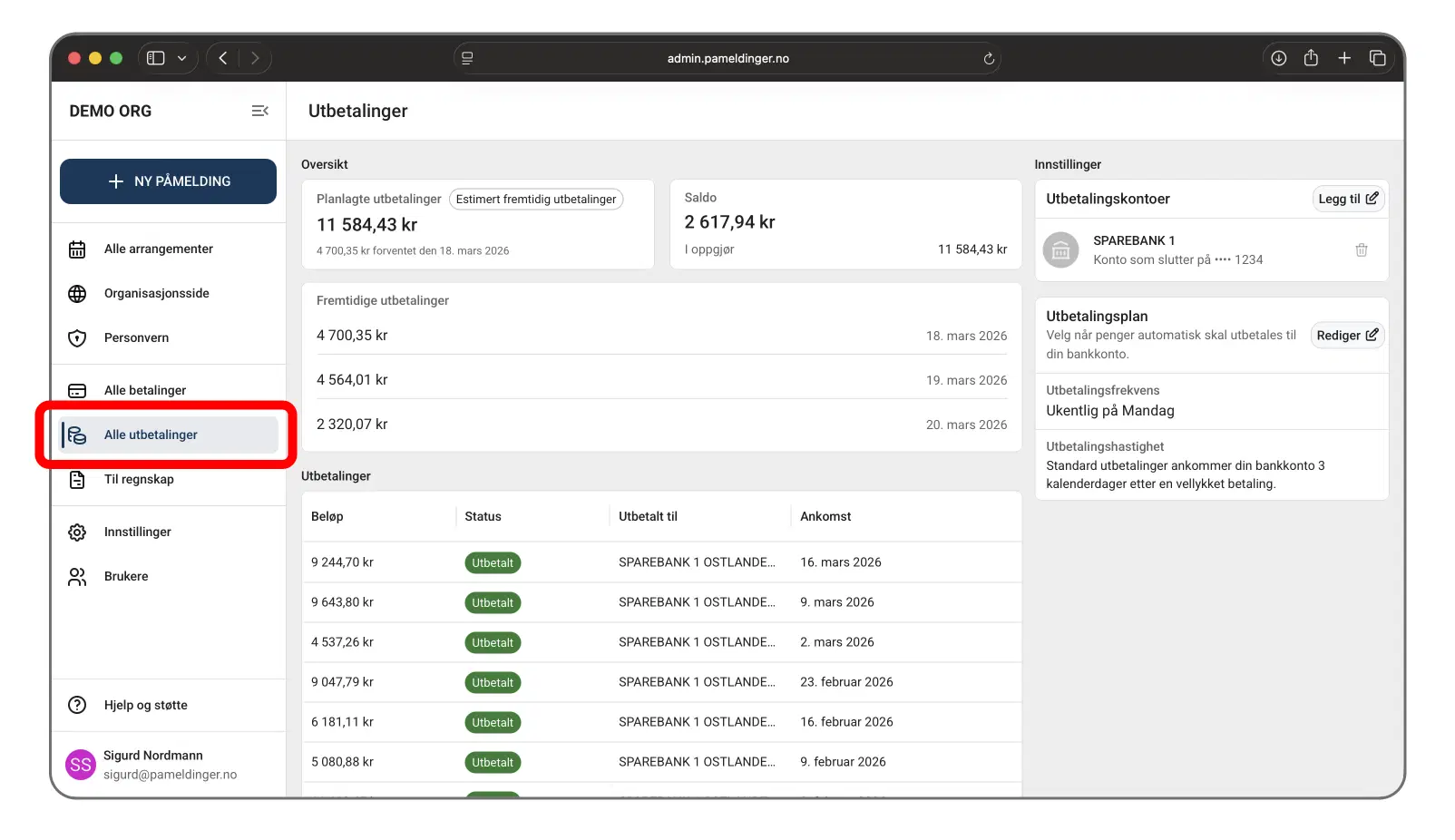 Oversikt over utbetalinger i administrasjonspanelet