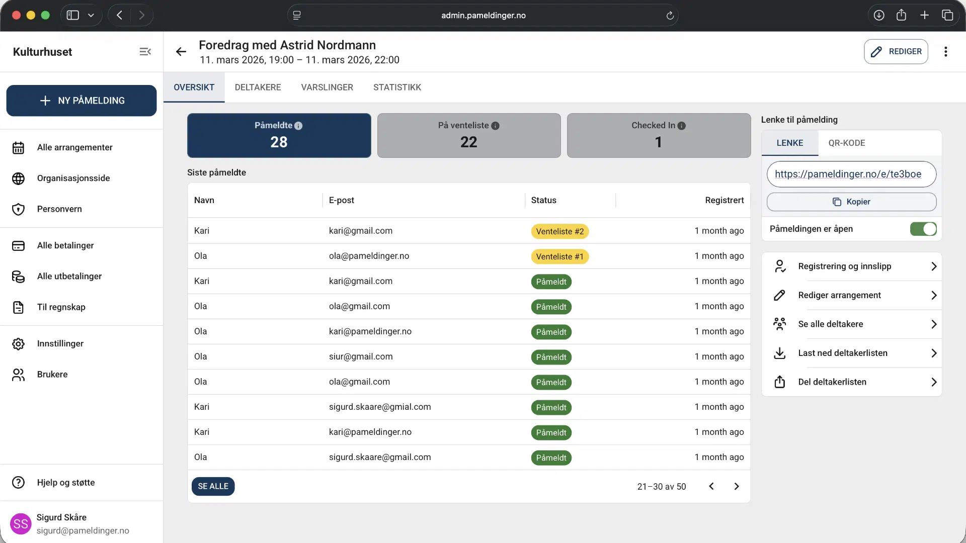 Dashboard med oversikt over påmeldinger, deltakere og betalinger