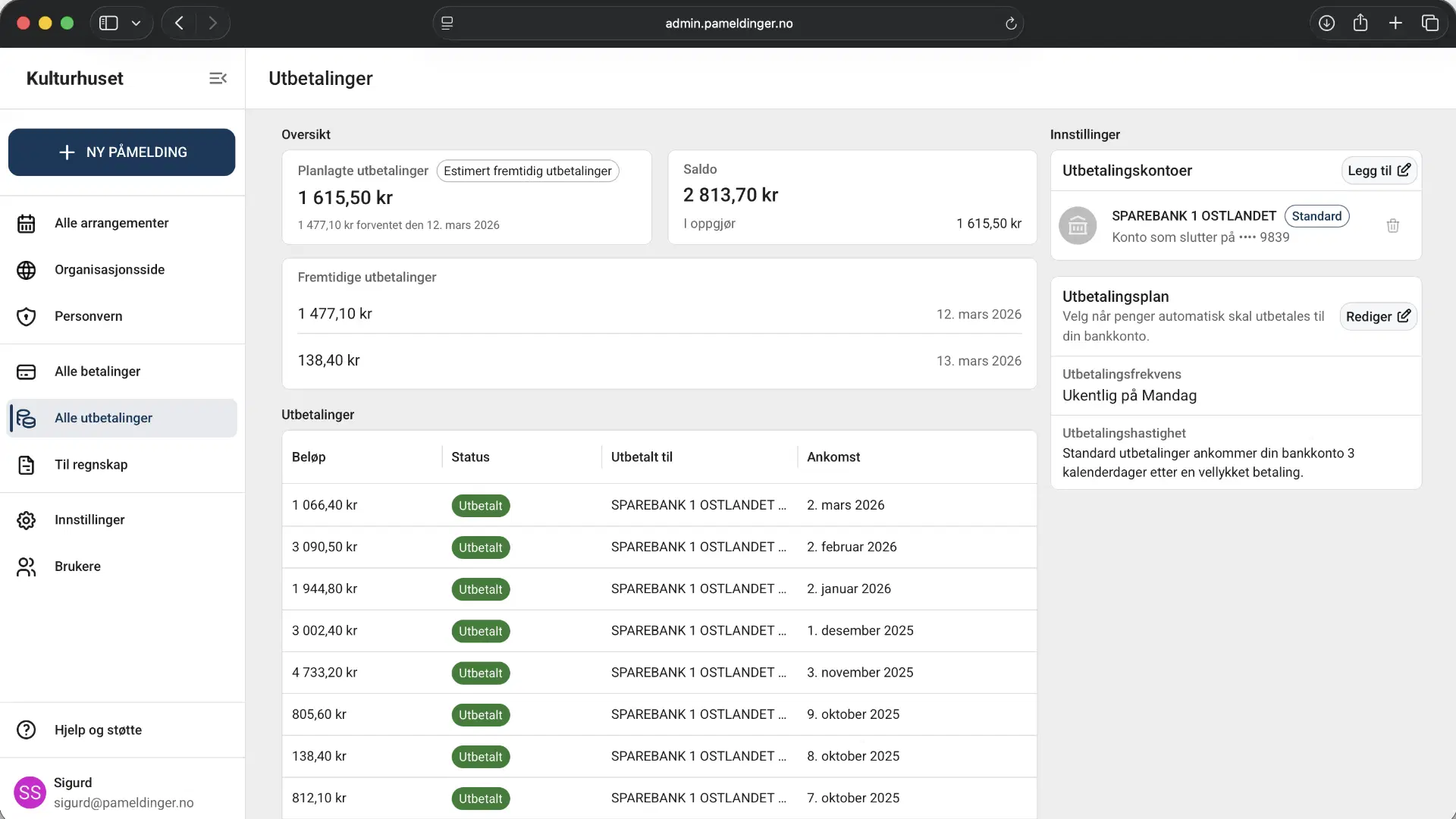 Administrasjonspanel med oversikt over utbetalinger