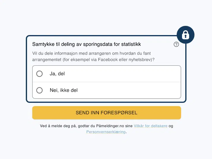 Deltaker velger hvilke opplysninger som deles i påmeldingsskjemaet