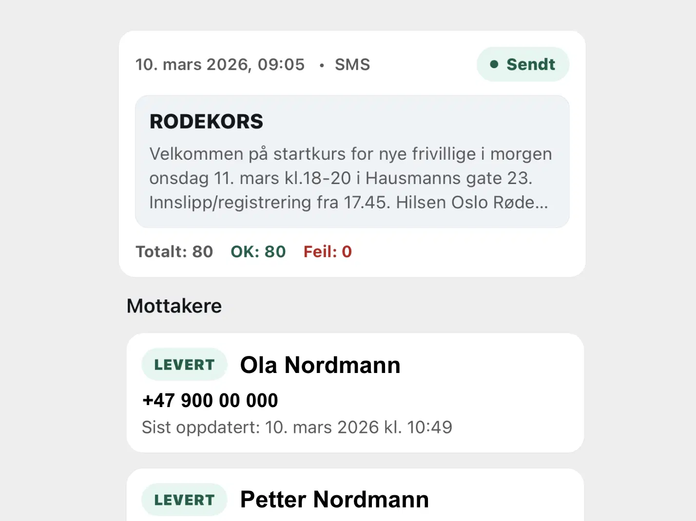 Administrasjonspanel med oversikt over varslinger og utsendelser