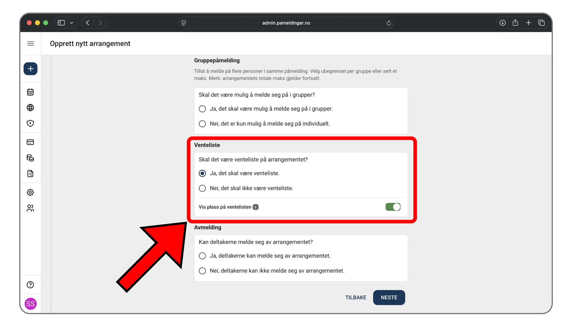 Aktivering av venteliste i arrangementet