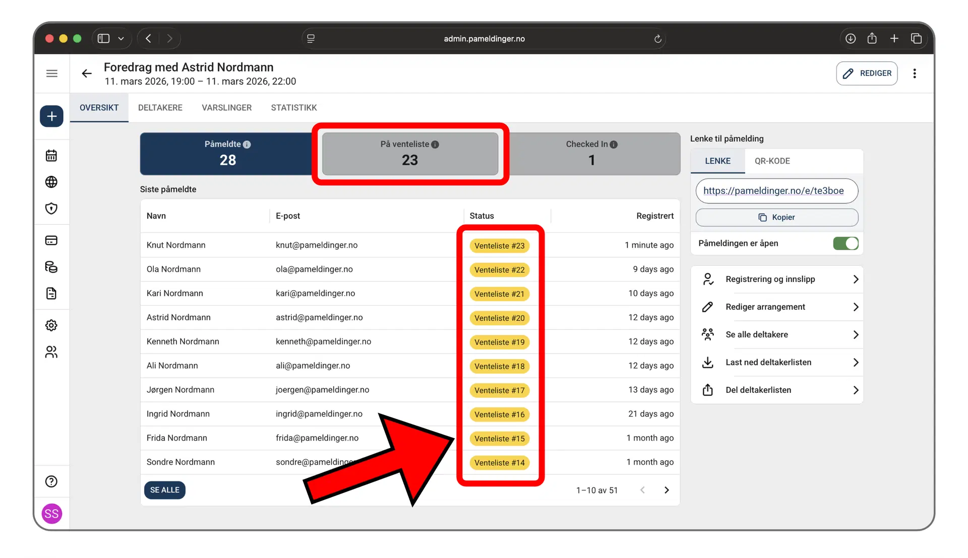 Ventelisten i administrasjonspanelet