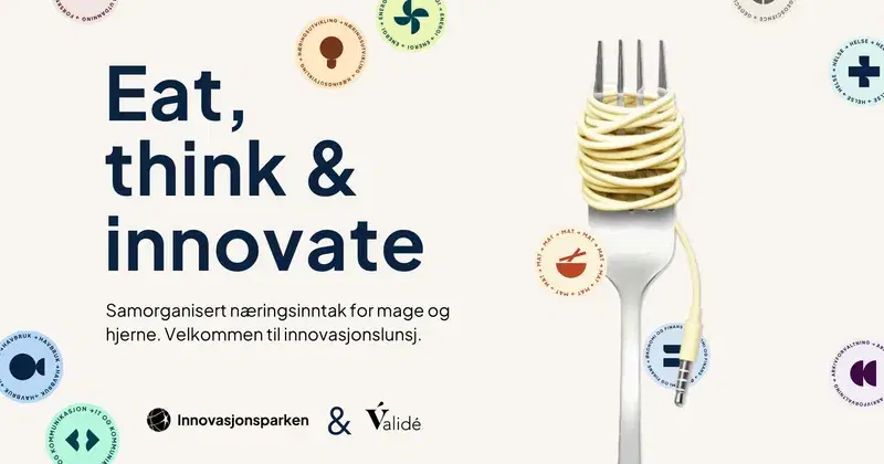 Teksten er tittelen på arrangementet. Det heter Eat, Think & Innovate. Illustrasjon er en gaffel med en PC-ledning snurret rundt som en spagetti.