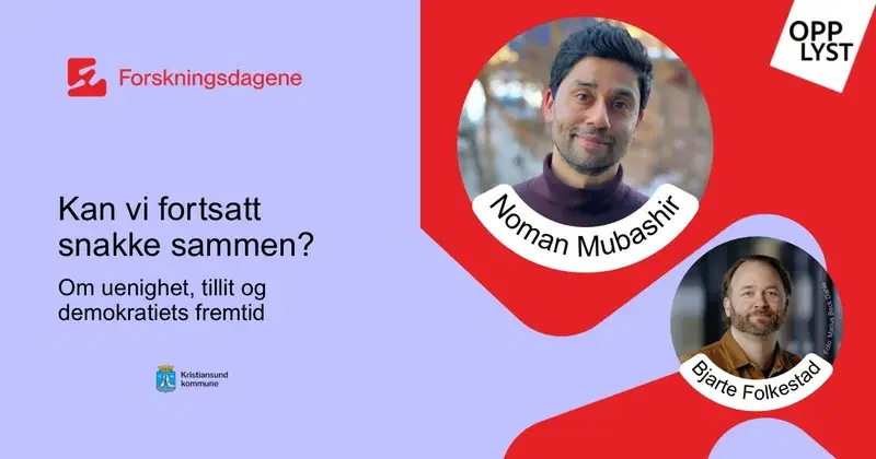 Plakat arrangmentet forskningsdagene opplyst logo og bilde av Noman Mubashir og Bjarte Folkestad