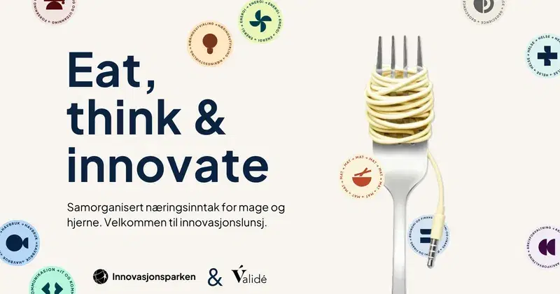 En gaffel med en ledning surret rundt, som spagetti. Fargerike ikoner som symboliserer ulike bransjer som finnes i Innovasjonsparken.